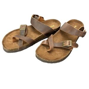 Mountain Sole Brown Leather Sandals Sz 8 Distressed‎ Slip On Adjustable Toe Loop